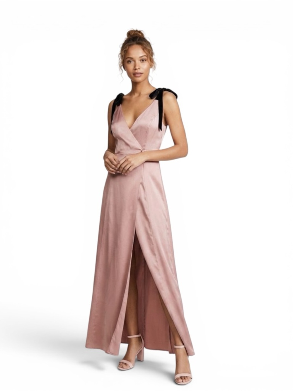 Fame and Partners Dusty Rose Satin Prom Dress Black Velvet Tie Straps Slit SZ:2